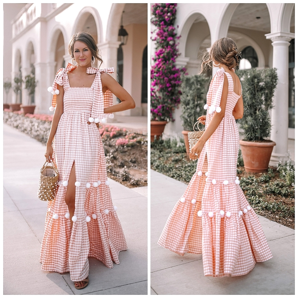 Gingham Maxi Dress with Pom-Pom Details